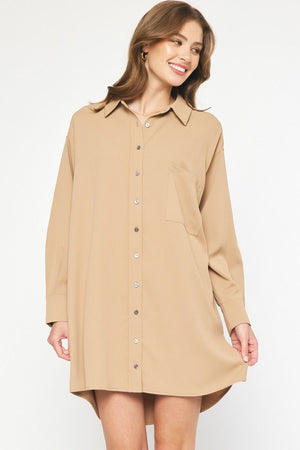 ENTRO INC Women's Dresses CAMEL / S Solid Long Sleeve Collared Button Up Mini Dress || David's Clothing D21224