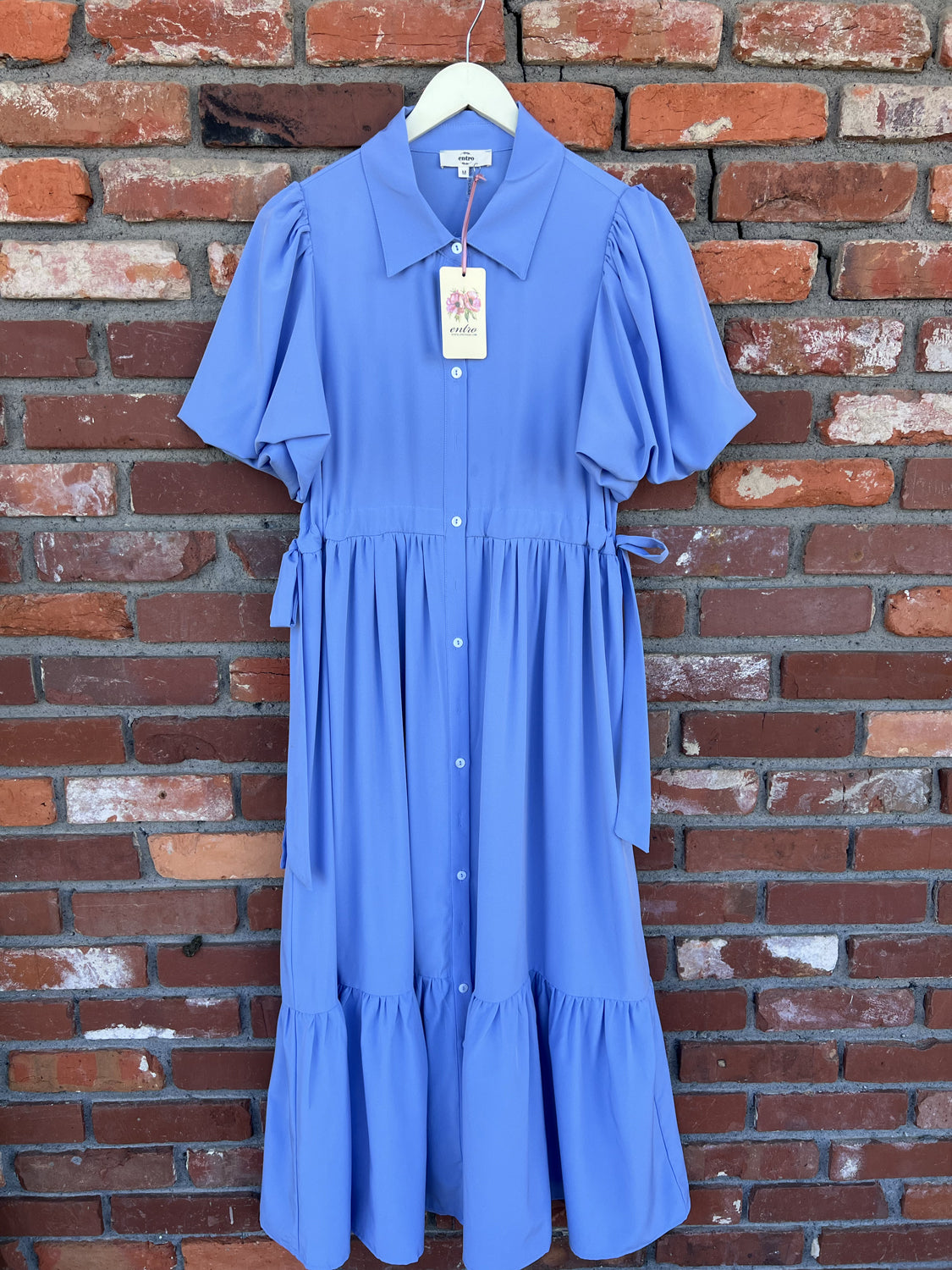 ENTRO INC Women's Dresses CHAMBRAY / S Shirt Collar Button Closure Short Bubble Sleeve Midi Dress D26615