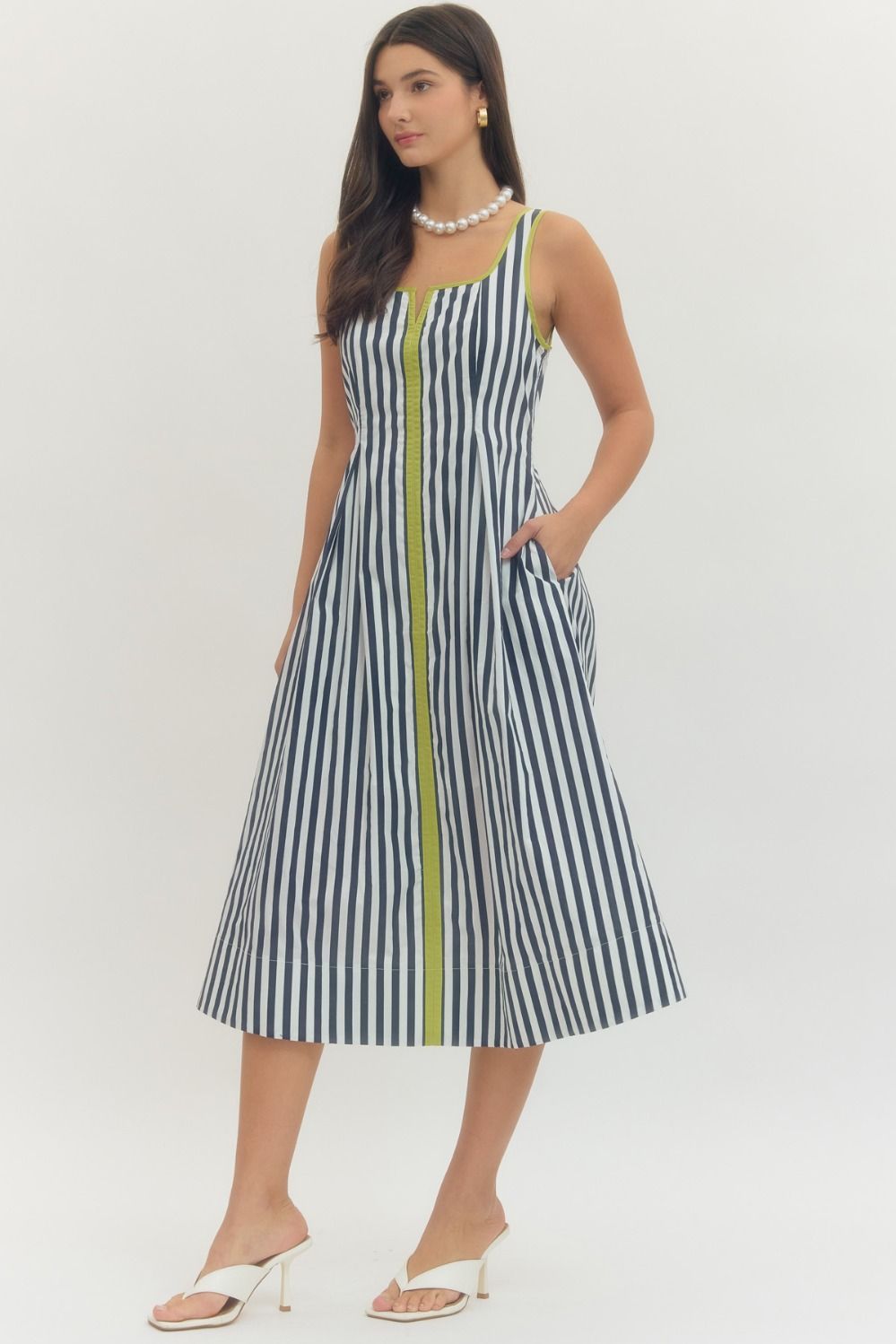 ENTRO INC Women's Dresses Contrast Trim Striped Sleeveless Midi Dress