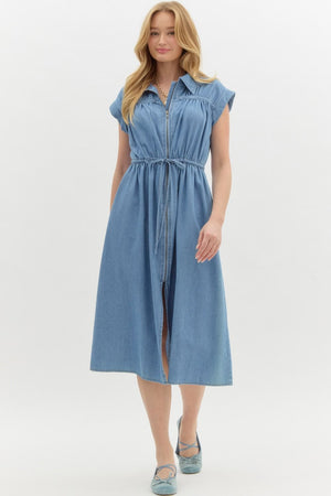 ENTRO INC Women's Dresses Denim Cap Sleeve Midi Dress || David's Clothing