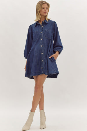 ENTRO INC Women's Dresses Denim Collared Button Up Long Sleeve Mini Dress || David's Clothing