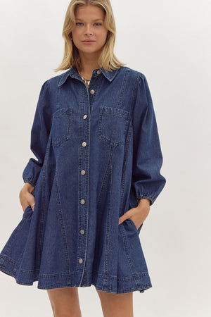 ENTRO INC Women's Dresses Denim Collared Button Up Long Sleeve Mini Dress || David's Clothing