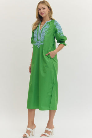 ENTRO INC Women's Dresses Embroidered V-Neck Half Sleeve Midi Dress