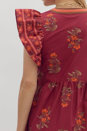 ENTRO INC Women's Dresses Floral Framed Border Pattern Flutter Sleeve Pullover Midi