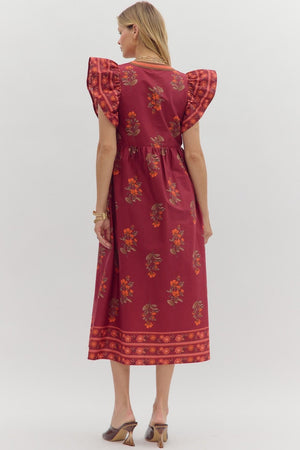 ENTRO INC Women's Dresses Floral Framed Border Pattern Flutter Sleeve Pullover Midi