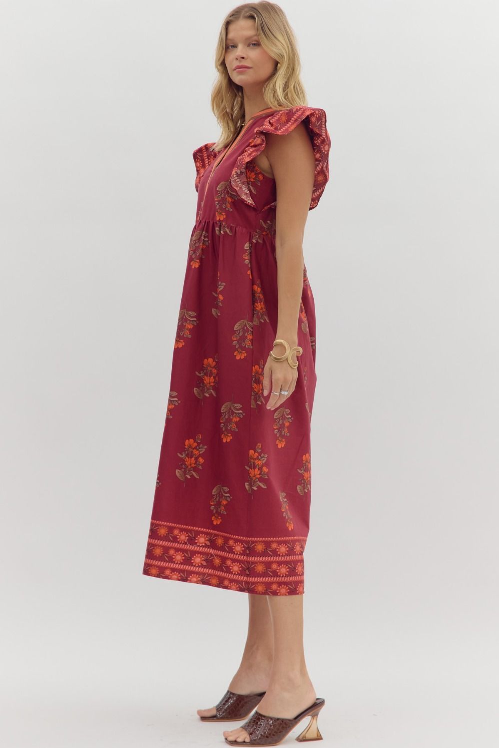 ENTRO INC Women's Dresses Floral Framed Border Pattern Flutter Sleeve Pullover Midi