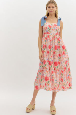 ENTRO INC Women's Dresses Floral Print Bow Tie Shoulder Strap Midi Dress || David's Clothing