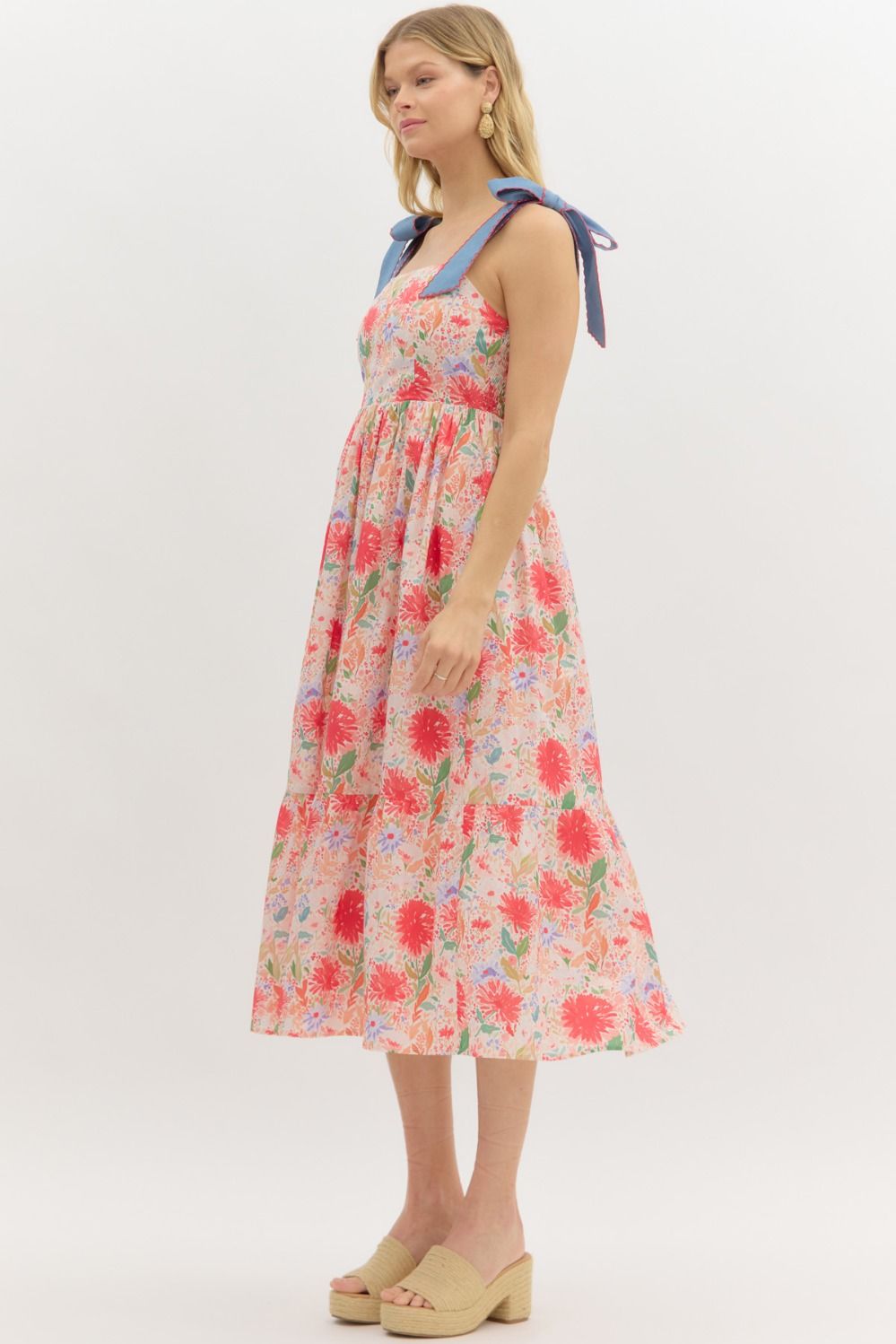 ENTRO INC Women's Dresses Floral Print Bow Tie Shoulder Strap Midi Dress || David's Clothing