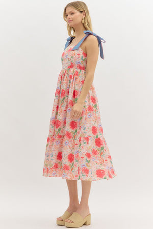 ENTRO INC Women's Dresses Floral Print Bow Tie Shoulder Strap Midi Dress || David's Clothing