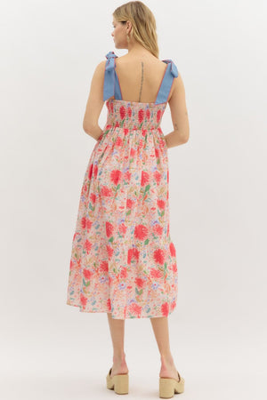 ENTRO INC Women's Dresses Floral Print Bow Tie Shoulder Strap Midi Dress || David's Clothing