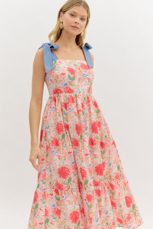 ENTRO INC Women's Dresses Floral Print Bow Tie Shoulder Strap Midi Dress || David's Clothing