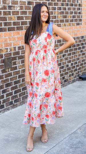 ENTRO INC Women's Dresses Floral Print Bow Tie Shoulder Strap Midi Dress || David's Clothing