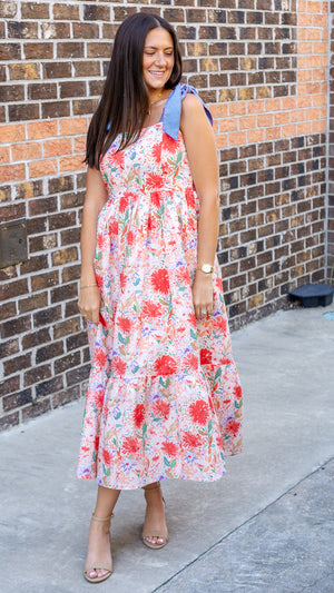 ENTRO INC Women's Dresses Floral Print Bow Tie Shoulder Strap Midi Dress || David's Clothing