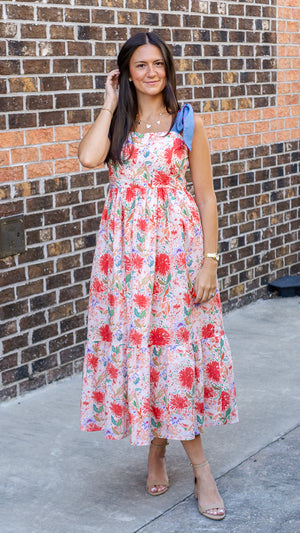 ENTRO INC Women's Dresses Floral Print Bow Tie Shoulder Strap Midi Dress || David's Clothing