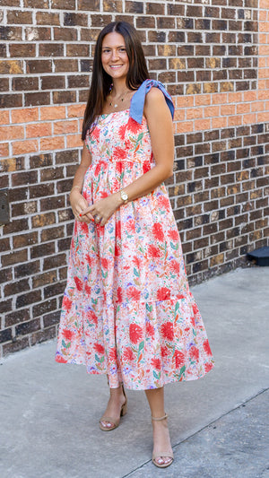 ENTRO INC Women's Dresses Floral Print Bow Tie Shoulder Strap Midi Dress || David's Clothing