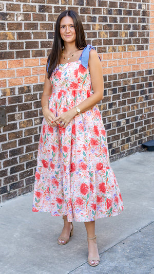 ENTRO INC Women's Dresses Floral Print Bow Tie Shoulder Strap Midi Dress || David's Clothing