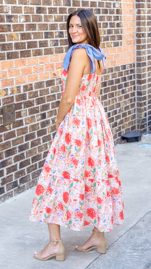 ENTRO INC Women's Dresses Floral Print Bow Tie Shoulder Strap Midi Dress || David's Clothing