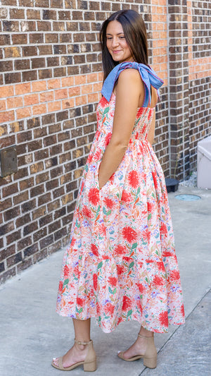 ENTRO INC Women's Dresses Floral Print Bow Tie Shoulder Strap Midi Dress || David's Clothing