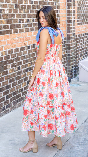 ENTRO INC Women's Dresses Floral Print Bow Tie Shoulder Strap Midi Dress || David's Clothing