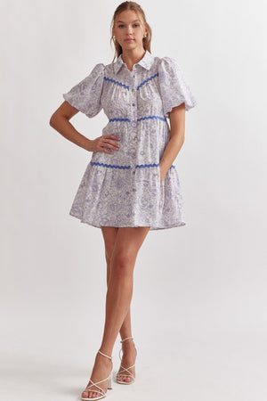 ENTRO INC Women's Dresses Floral Print Button-Up Collard Bubble Sleeve Mini Dress || David's Clothing