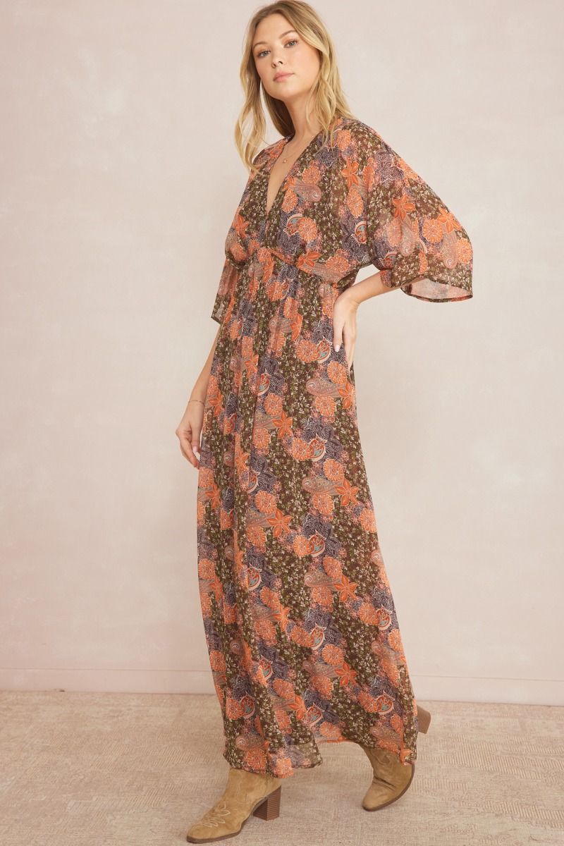 ENTRO INC Women's Dresses BROWN / S Floral Print Deep V-neck 1/2 Sleeve Maxi Dress || David's Clothing D21166