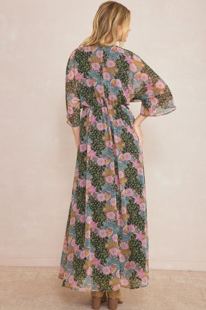 ENTRO INC Women's Dresses Floral Print Deep V-neck 1/2 Sleeve Maxi Dress || David's Clothing