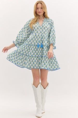 ENTRO INC Women's Dresses Floral Print Elasticated ¾ Sleeve Pullover Tiered Mini Dress
