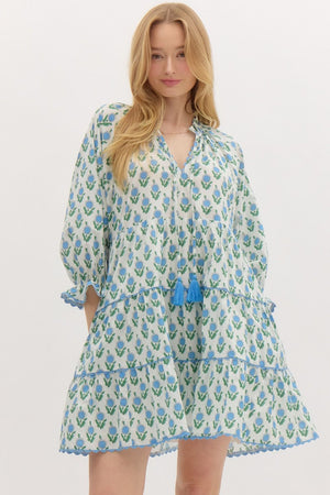 ENTRO INC Women's Dresses Floral Print Elasticated ¾ Sleeve Pullover Tiered Mini Dress