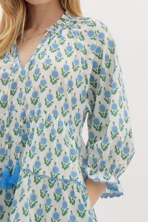 ENTRO INC Women's Dresses Floral Print Elasticated ¾ Sleeve Pullover Tiered Mini Dress