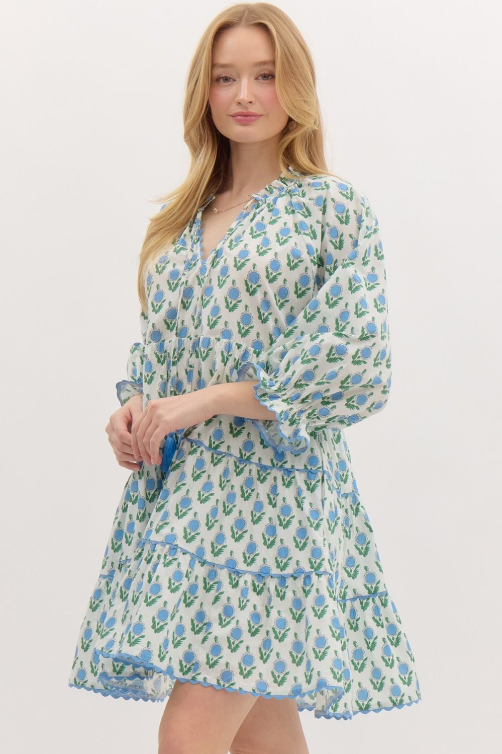 ENTRO INC Women's Dresses Floral Print Elasticated ¾ Sleeve Pullover Tiered Mini Dress