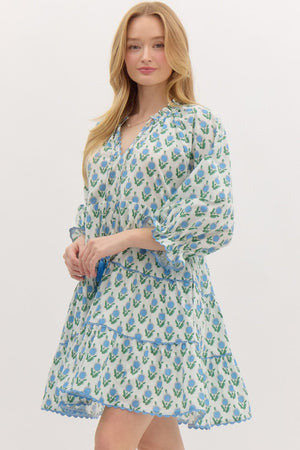 ENTRO INC Women's Dresses Floral Print Elasticated ¾ Sleeve Pullover Tiered Mini Dress