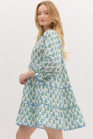 ENTRO INC Women's Dresses Floral Print Elasticated ¾ Sleeve Pullover Tiered Mini Dress