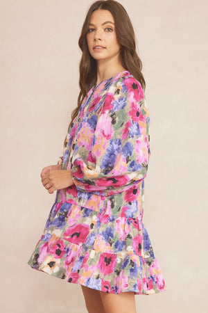 ENTRO INC Women's Dresses Floral Print Long Sleeve Tiered Mini Dress || David's Clothing