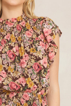 ENTRO INC Women's Dresses Floral Print Mock Neck Short Sleeve Mini Dress || David's Clothing