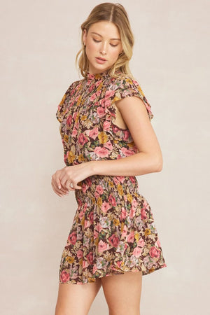 ENTRO INC Women's Dresses Floral Print Mock Neck Short Sleeve Mini Dress || David's Clothing