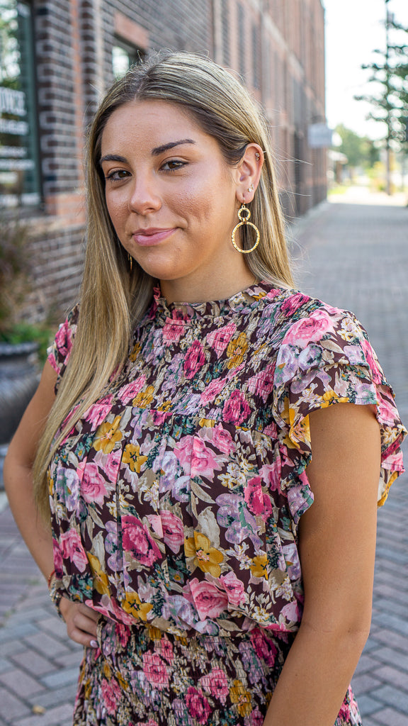 ENTRO INC Women's Dresses Floral Print Mock Neck Short Sleeve Mini Dress || David's Clothing