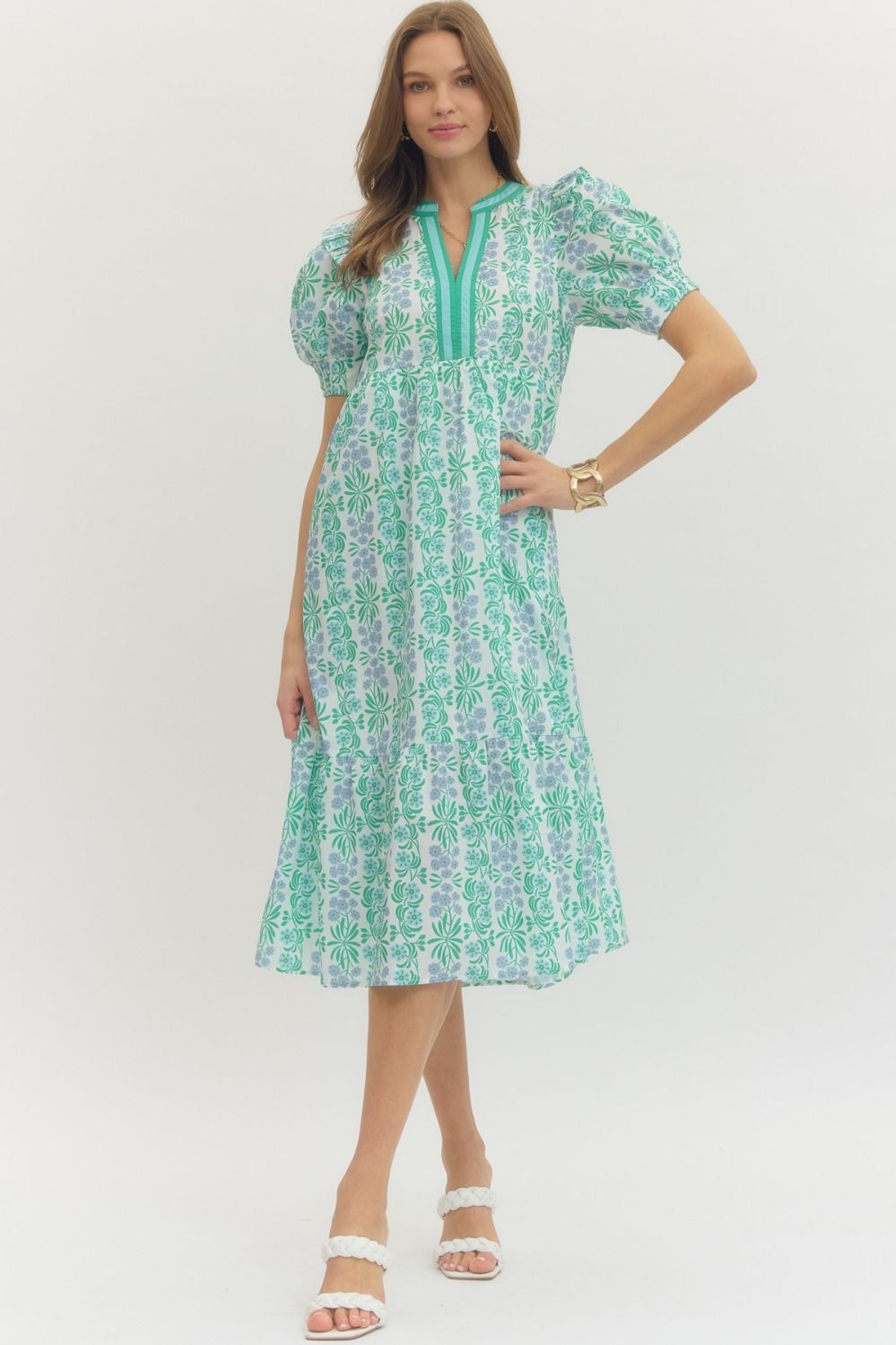 ENTRO INC Women's Dresses Floral Print Puff Sleeve Midi Dress