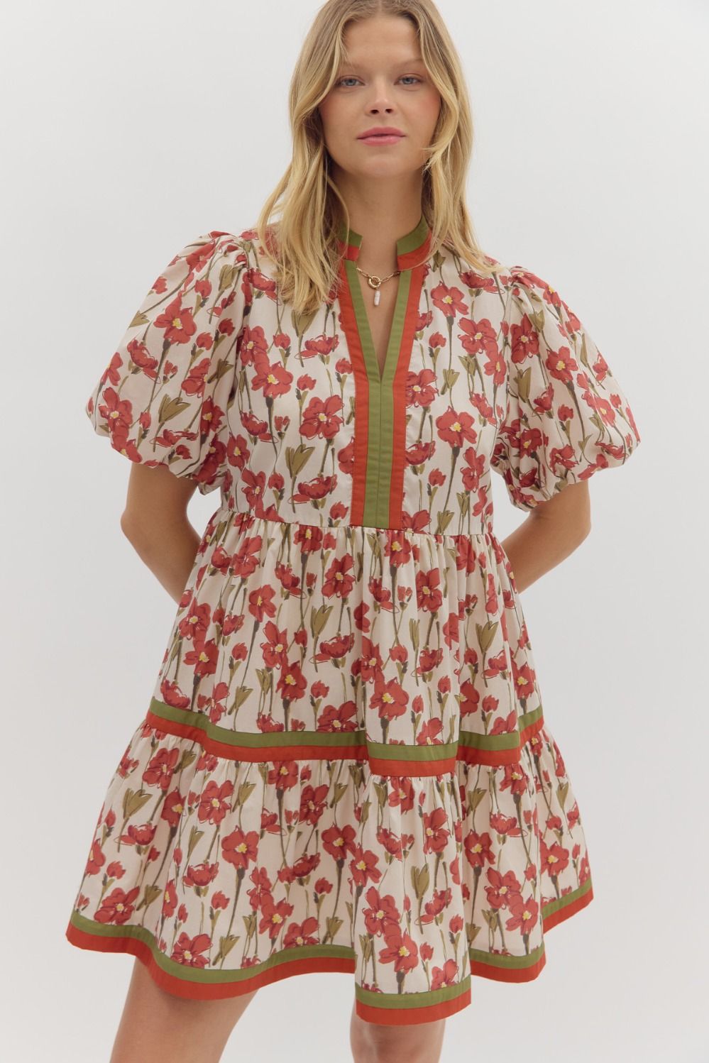 ENTRO INC Women's Dresses Floral Print Short Bubble Sleeve Pullover Tiered Mini Dress || David's Clothing