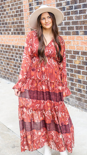 ENTRO INC Women's Dresses Floral Printed V-Neck Long Sleeve Maxi Dress || David's Clothing