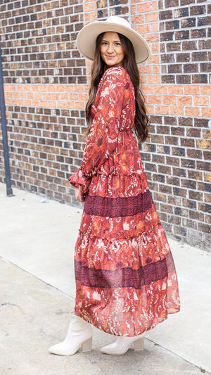 ENTRO INC Women's Dresses Floral Printed V-Neck Long Sleeve Maxi Dress || David's Clothing