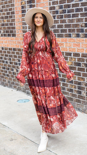 ENTRO INC Women's Dresses Floral Printed V-Neck Long Sleeve Maxi Dress || David's Clothing