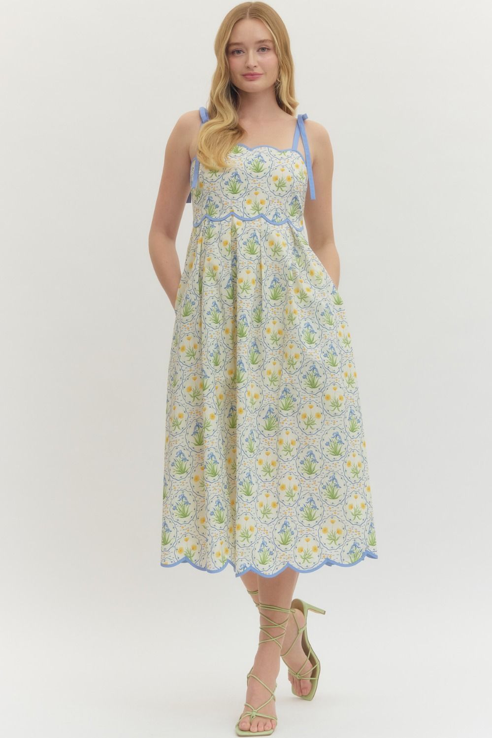 ENTRO INC Women's Dresses Floral Scallop Accent Trim And Tie Shoulder Straps Midi Dress