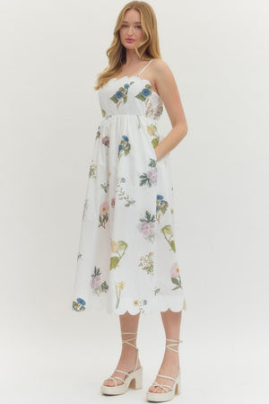 ENTRO INC Women's Dresses Floral Scallop Neckline Sleeveless Midi Dress