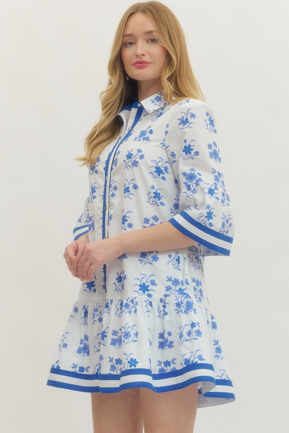 ENTRO INC Women's Dresses Floral Short Sleeve Stripe Hem Mini Dress