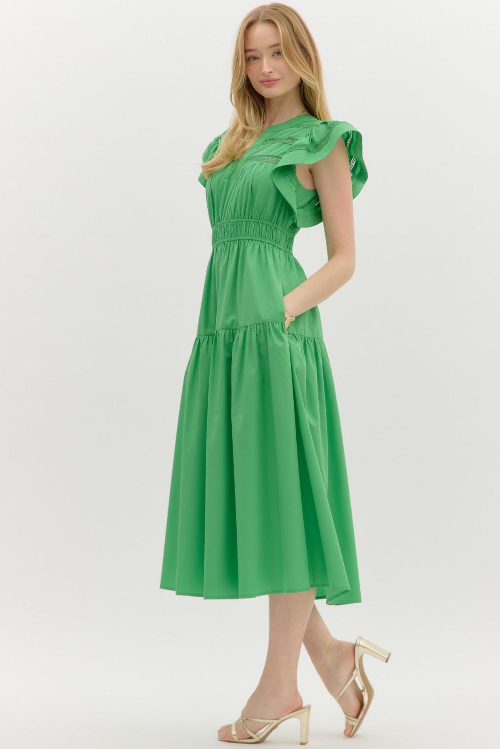 ENTRO INC Women's Dresses Flutter Sleeve Split V-Neck Pullover Tiered Midi Dress