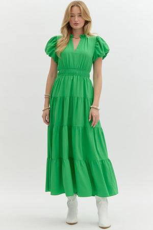 ENTRO INC Women's Dresses KELLY GR / S V-Neck Bubble Sleeve Tiered Midi Dress || David's Clothing D20735