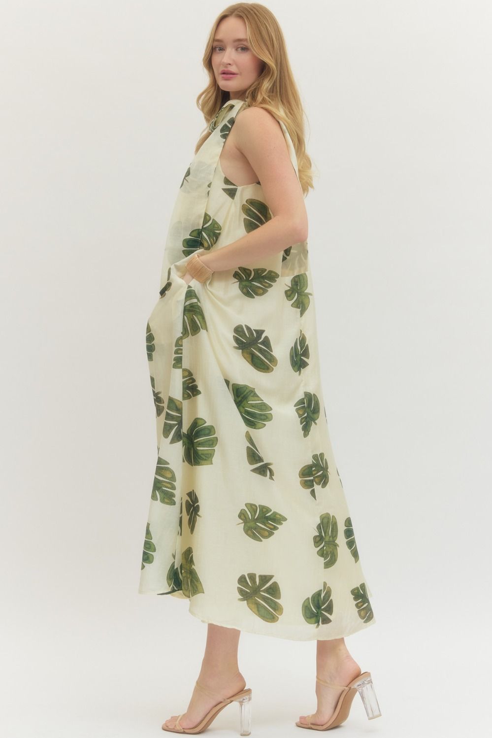 ENTRO INC Women's Dresses Leaf Print Halter Neck Maxi Dress