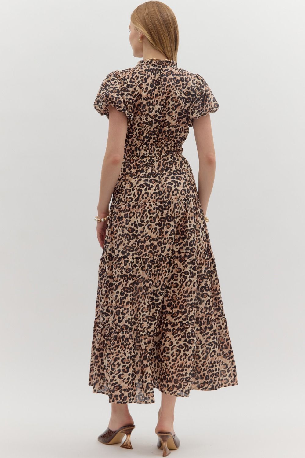ENTRO INC Women's Dresses Leopard Pattern Short Bubble Sleeve Midi Dress || David's Clothing