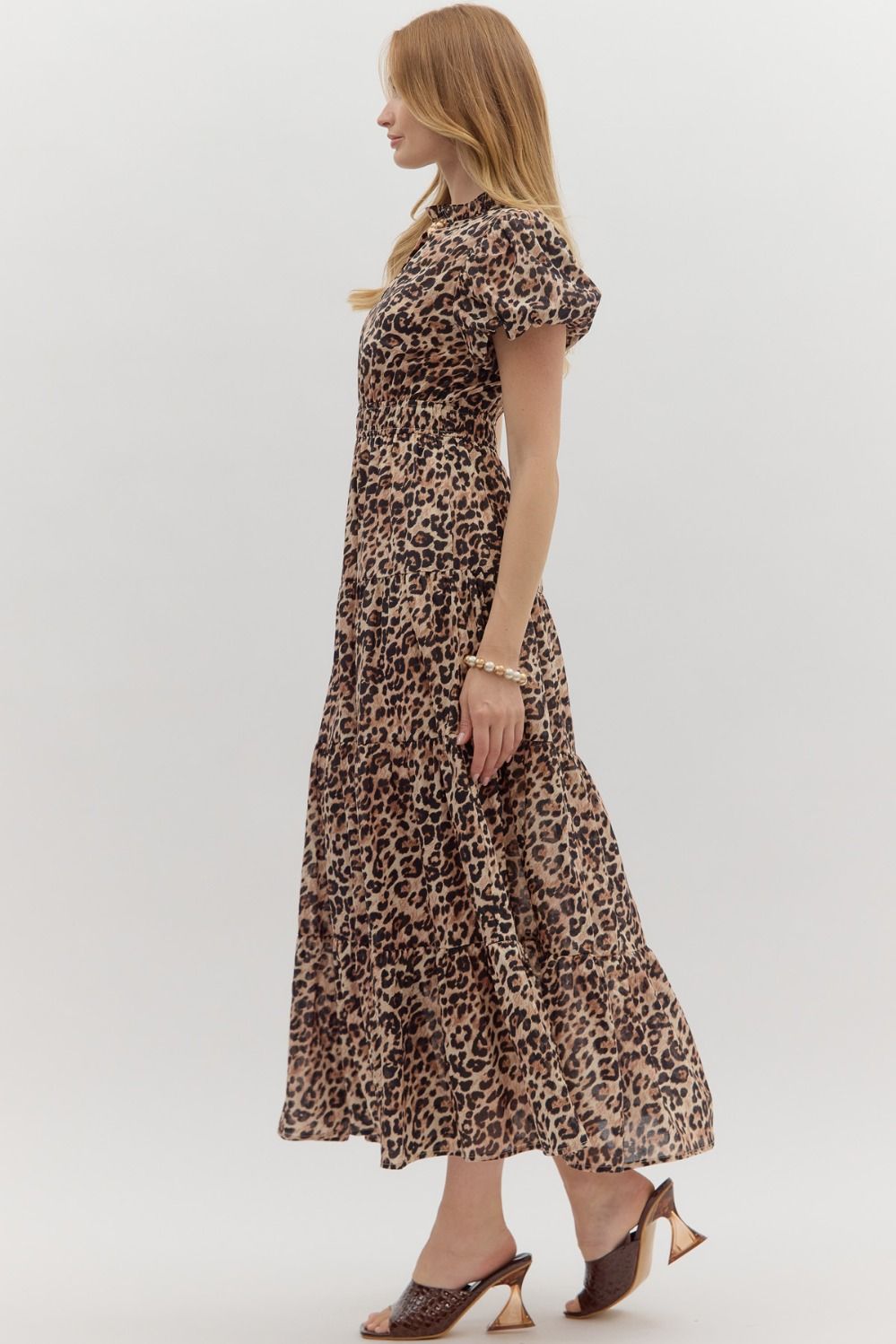 ENTRO INC Women's Dresses Leopard Pattern Short Bubble Sleeve Midi Dress || David's Clothing