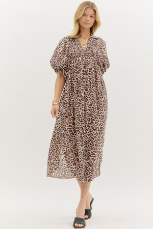 ENTRO INC Women's Dresses Leopard Print Smocked Front Hook & Eye Closure Pullover Midi Dress